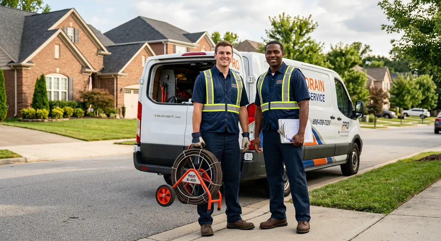Sewer and drain service team with equipment ready for work in Detroit