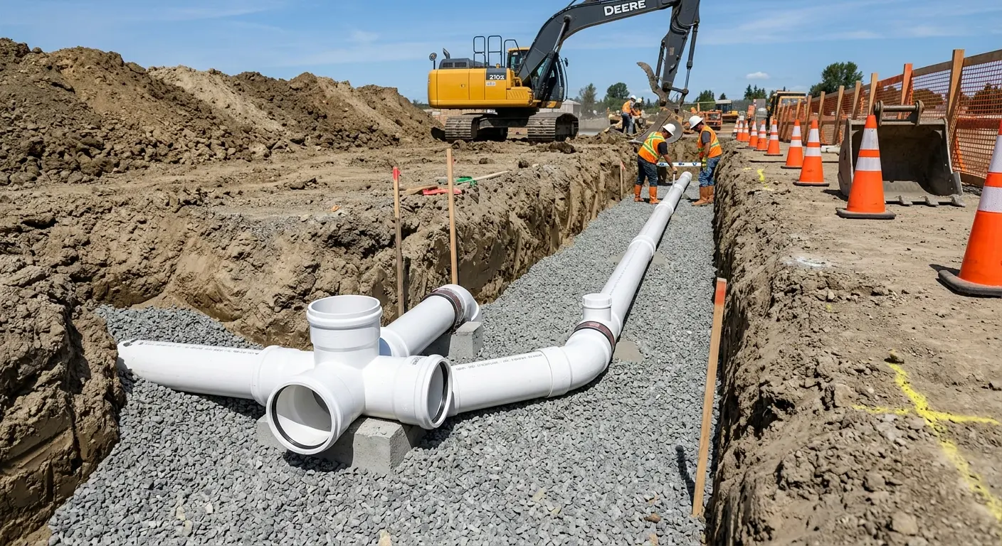 New PVC sewer pipe installation in open trench for Sewer Backup in Detroit