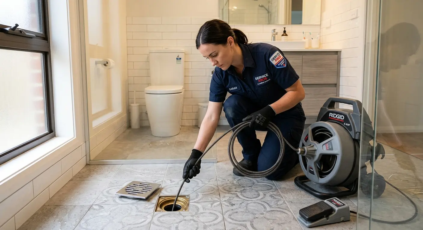 Technician clearing a bathroom floor drain for Sewer Line Installation in Detroit